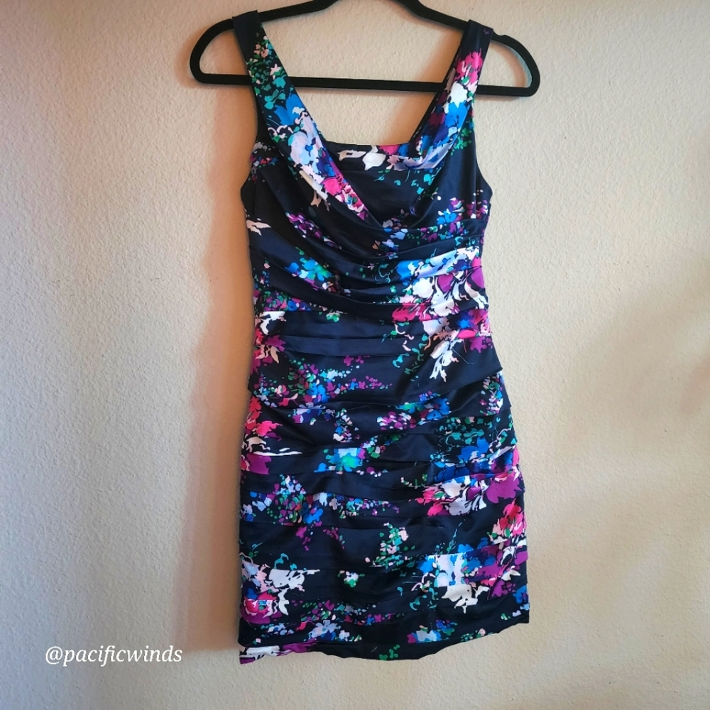RUCHED FLORAL BLUE SATIN COCKTAIL / EVENING / EVERYDAY / PARTY DRESS SIZE 0